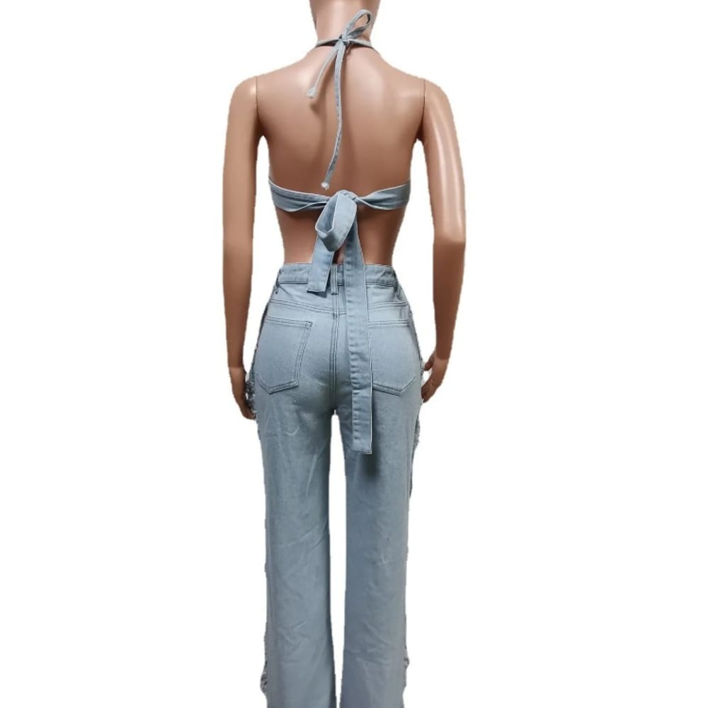 2023 Women's Sexy Tassel Denim 2 Piece Set: Crop Top + Wide Leg Pants